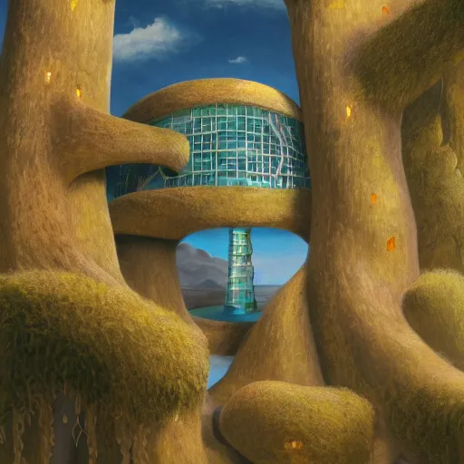 Prompt: numerical holographic giant port octagon dingo tower oil maple tree , by Salvador Dalí and Eleanor Vere Boyle and Ghibli Studios , matte painting , parallax , 4K