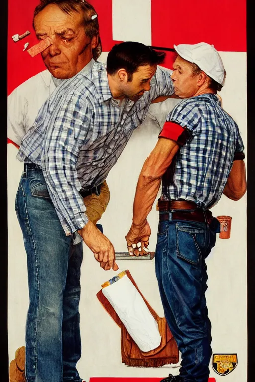 Prompt: sad ben affleck wearing checkered shirt and white cap, with a cigarettein mounth, and huge spanner, poster, by norman rockwell