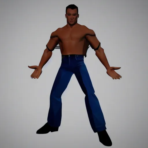 Image similar to a render of a low poly 3d model of 90's Jean Claude Van Damme, psx style, playstation 1 graphics, model is t-posing, black bg