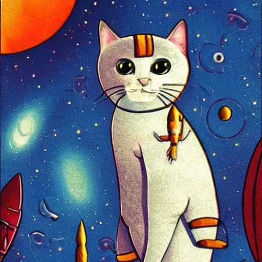 Image similar to a cat on a rocket in outerspace going to mars