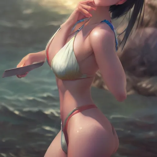 Image similar to photo realistic image of a pretty anime girl in bikini, stunning 3 d render inspired art by istvan sandorfi and greg rutkowski, perfect facial symmetry, realistic, highly detailed attributes and atmosphere, dim volumetric cinematic lighting,