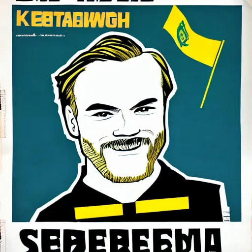 Image similar to Swedish propaganda poster of PewDiePie with the flag of Sweden in the background
