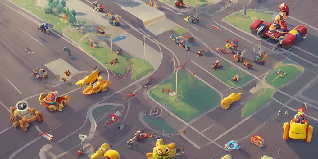 Prompt: Mario Kart by Goro Fujita and Simon Stalenhag , 8k, trending on artstation, hyper detailed, cinematic