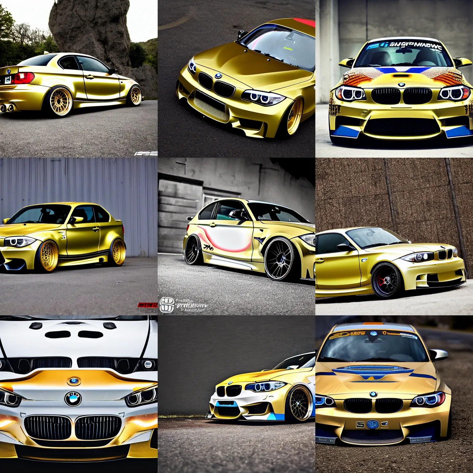 Prompt: bmw 1 m solar punk japanese touge halo headlights, gold and white colors, beautiful photography