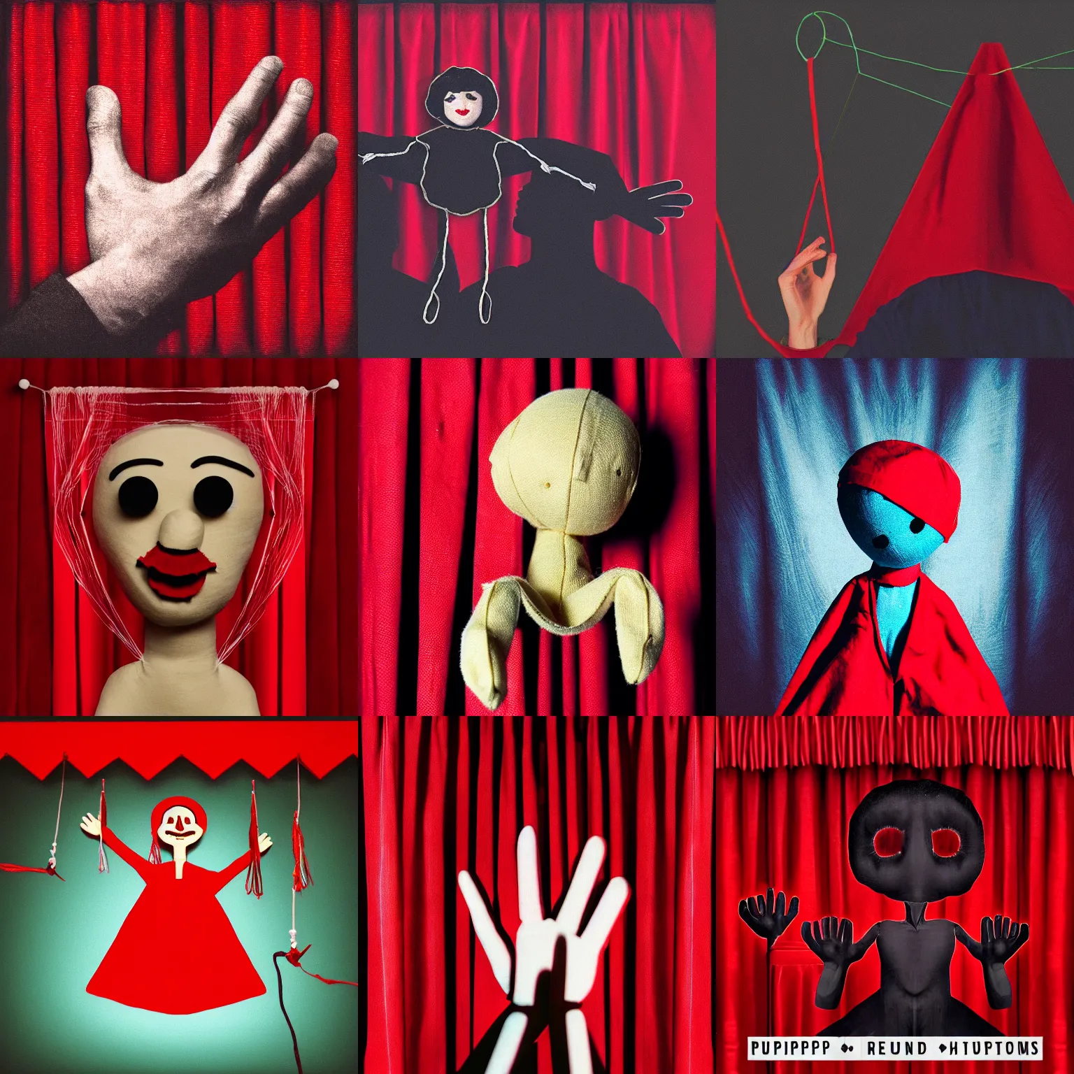 Prompt: puppet on hand strings behind red curtains, an album cover by Apelles, featured on dribble, behance, holography, neoplasticism, holographic, cosmic horror, skeuomorphic, parallax