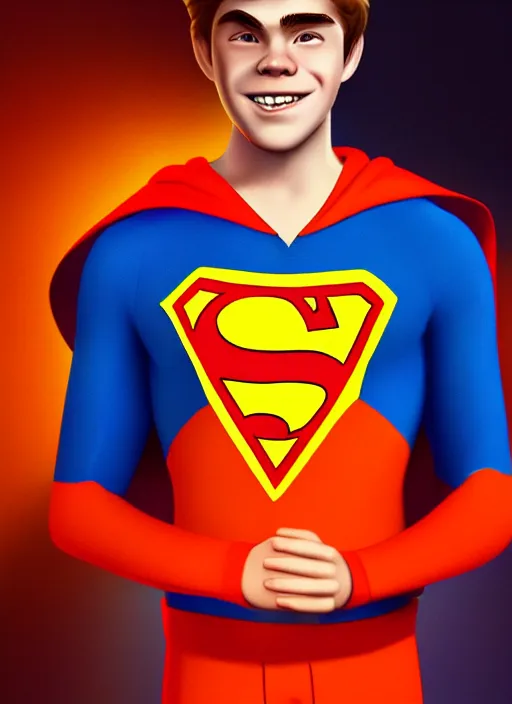 Image similar to friendly teenage archie andrews wearing an orange superhero costume with heart logo, heart, freckles, blue cape, heart emblem on chest, blue cape, intricate, elegant, glowing lights, highly detailed, digital painting, artstation, sharp focus, illustration, art by wlop, mars ravelo and greg rutkowski