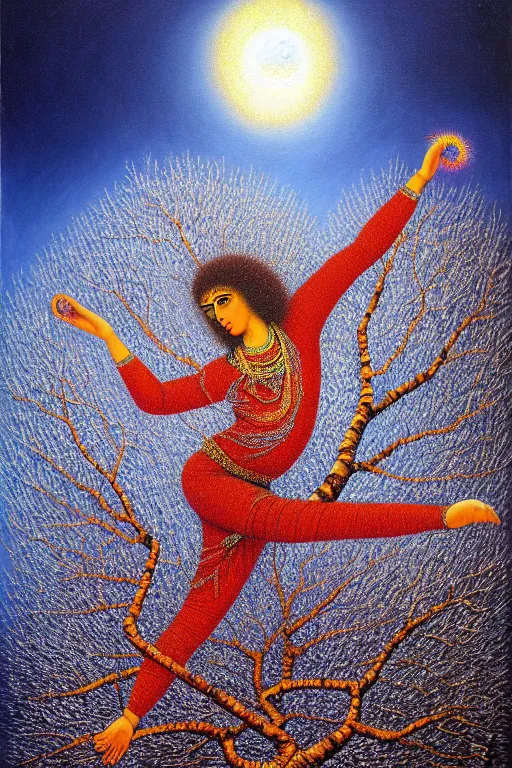 Image similar to ivan marchuk style nataraja dancing in a winter birch grove and raising snow clouds during a solar eclipse, original oil on canvas painting by william sydney mount