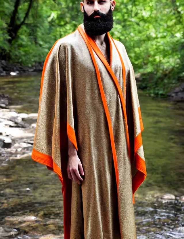 Prompt: longshot modern ancient roman toga cloak nature chiseled chin full beard shaved head walking along small creek river in the woods marc jacobs gucci cerulean orange intricate detailed handsewn textile robes gold chain