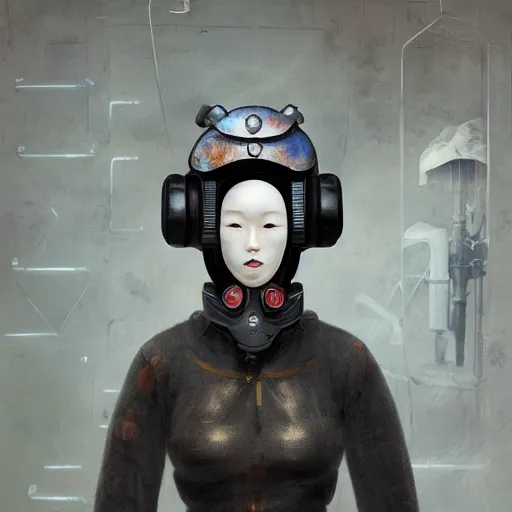 Prompt: korean solarpunk curator in an art gallery with extremely detailed respirators and head gear, inspired by die antwoord beautiful, hand painted textures, cloth physics, deviantart, karol bak, masamune shirow, black and white, photorealistic, concept art, perfect render, 3 d render, pixar, 8 k