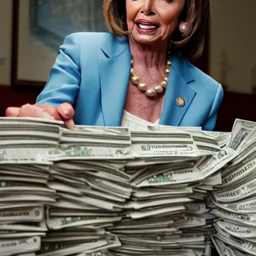 Prompt: nancy pelosi collecting stacks of 1 0 0 dollar bills wlop