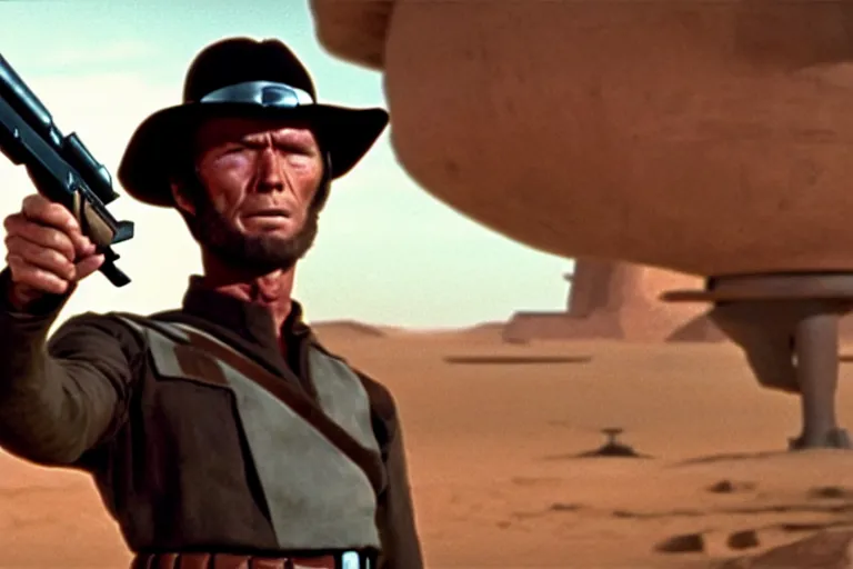 Prompt: film still of clint eastwood aiming a colt handgun in star wars, he is inside tatooine bar 4 k