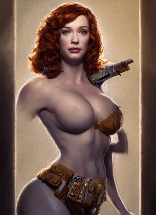 Image similar to Christina Hendricks as a ruggedly handsome hero staring into the camera, golden hour, intricate, elegant, highly detailed, centered, digital painting, artstation, concept art, smooth, sharp focus, illustration, artgerm, donato giancola, Joseph Christian Leyendecker, WLOP, Boris Vallejo, Artgerm