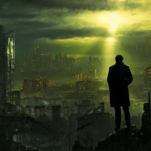 Image similar to wanderer with night vision goggles, dramatic light, sunset, sunrays, cyberpunk city in the background, ruins, buildings, dystoptian, gorgeous view, depth, painted by Caspar David Friedrich, clouds, tending on artstation