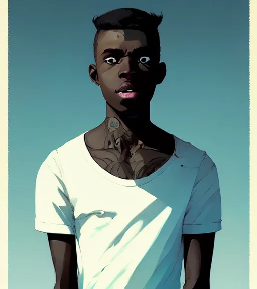 Prompt: portrait of a young man, raised on the island, dark skin, white hair, face tatooes by atey ghailan, by greg rutkowski, by greg tocchini, by james gilleard, by joe fenton, by kaethe butcher, dynamic lighting, gradient light blue, brown, blonde cream and white color scheme, grunge aesthetic