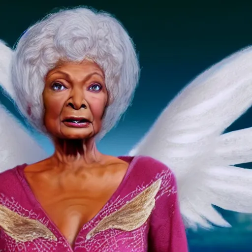 Image similar to nichelle nichols as a heavenly angel in cloud heaven photorealistic fantasy epic