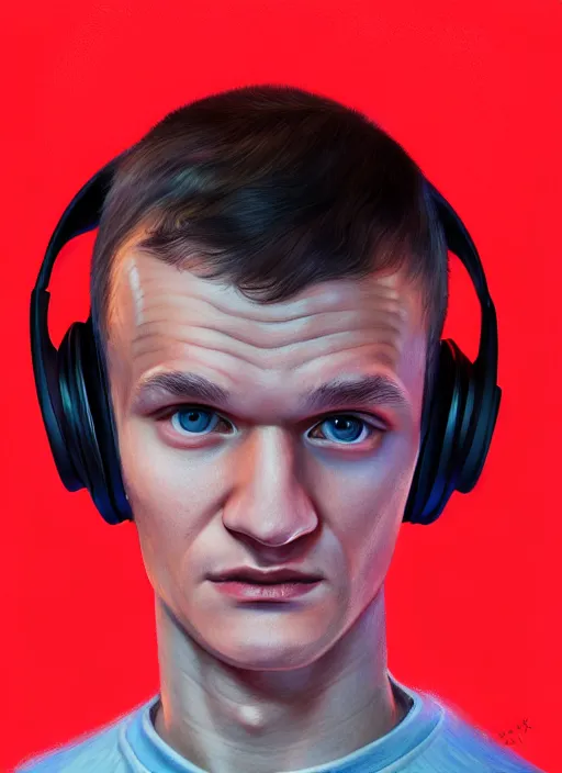 Image similar to portrait of vitalik buterin with hazel eyes, hazel colored eyes, red shirt, headphones, intricate, elegant, glowing lights, highly detailed, digital painting, artstation, concept art, smooth, sharp focus, illustration, art by wlop, mars ravelo and greg rutkowski