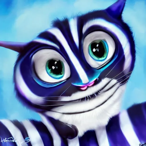 Prompt: cute blue striped cheshire cat. an adorable cat with light blue stripes, blue eyes and a big mischievous smile. award - winning digital art by mona sundberg