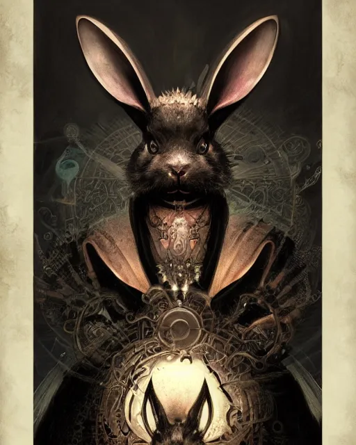 Prompt: Anthropomorphized black rabbit monk, centered, portrait, symmetrical, Path of Exile, Diablo, Warhammer, digital painting, highly detailed, concept art, Nekro, Peter Mohrbacher, Alphonse Mucha, Brian Froud, Yoshitaka Amano, Kim Keever, Victo Ngai, James Jean