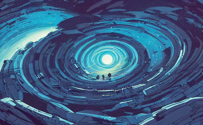 Image similar to concept art of an epic spiral galaxy in style of dan mumford and laurie greasley by james gilleard, very detailed, clean lines, atmospheric, masterpiece