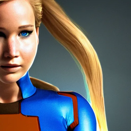 Image similar to high resolution photo of jennifer lawrence as samus aran wearing her zero suit, 4 k, award winning photography.