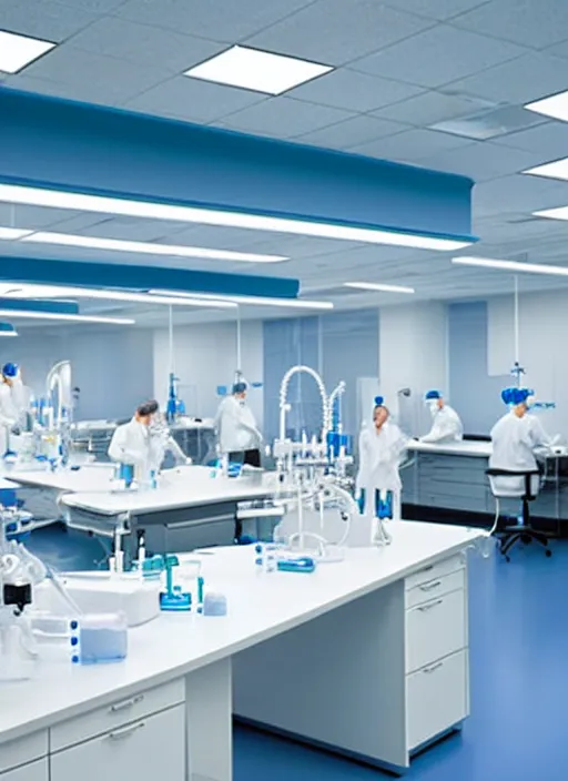 Prompt: crisp clean research laboratory space, pipettes and test tubes, scientists working at the bench, bright welcoming lighting, curing cancer, hyper realism with a slight blue toned watercolor effect. architectural digest photo, time magazine, studio lighting, godrays, mayo clinic, john hopkins, cleveland clinic.