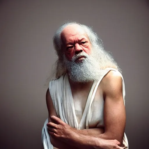 Prompt: modern portrait photograph of socrates, taken by annie leibovitz. dramatic lighting