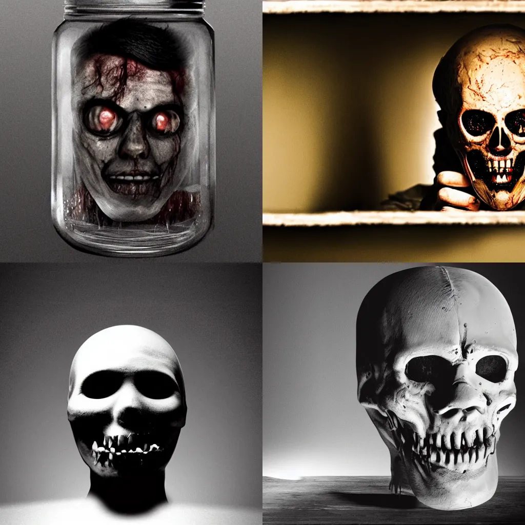 Prompt: A man\'s severed head floating inside of a jar of formaldehyde, horror movie, nightmare, high quality.