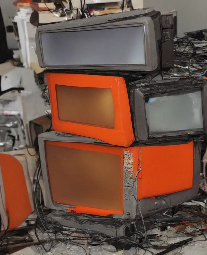 Prompt: broken orange vintage crt monitor