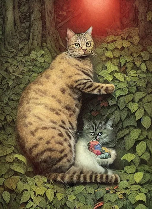 Image similar to a hyper realistic illustrated cat with playing with a bird in the woods gorgeous lighting, lush forest foliage painting by chiara bautista and beksinski and norman rockwell and greg rutkowski weta studio, and lucasfilm