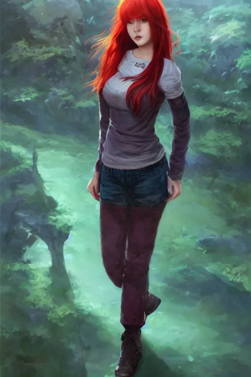 Image similar to beautiful cute red haired joyful and playful nineteen year old maiden standing up in casual green clothing, long hair, modern city, rpg character, sci - fi, fantasy, intricate, elegant, digital painting, artstation, concept art, smooth, 8 k frostbite 3 engine, ultra detailed, art by artgerm and greg rutkowski and magali villeneuve