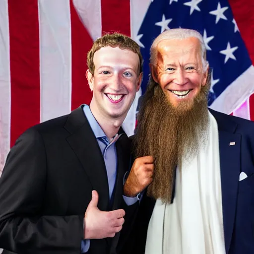 Prompt: 4 k portrait sony a 7 f 2. 8 of mark zuckerberg as a taliban leader hugging us president joe biden as a taliban leader