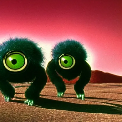 Image similar to 1 9 7 6 synthetic fur monsters with large eyes, standing on a martian landscape, cinematic movie scene, inspired by the movie the fifth element