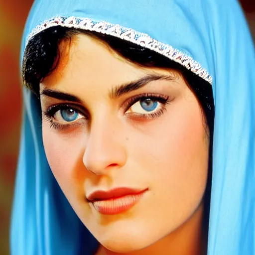 Image similar to young Monica Belluci as an Arab woman, tanned skintone, bright blue eyes, white veil, light blue top portrait