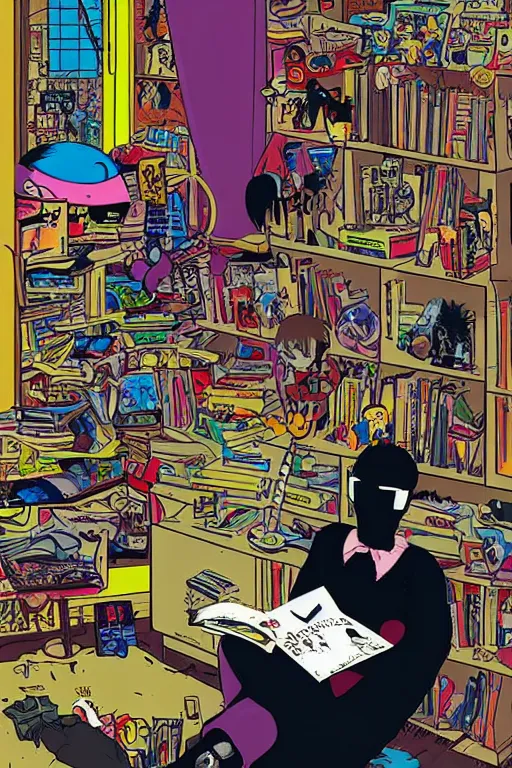 Image similar to nerdy goth guy reading book in cluttered messy 9 0 s bedroom, by jamie hewlett, vaporwave, 9 0 s aesthetic, 9 0 s vibe,