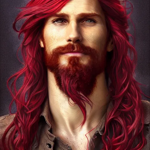 Image similar to portrait of a young ruggedly handsome but joyful pirate, male, masculine, upper body, red crimson crimson deep red hair, long long flowing hair, fantasy, proud smirk, intricate, elegant, highly detailed, digital painting, artstation, concept art, matte, sharp focus, illustration, art by artgerm and greg rutkowski and alphonse mucha