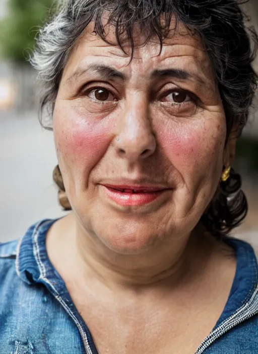 Image similar to Mid-shot portrait of an exquisite 50-year-old woman from Spain, chubby, with lovely look, happy, candid street portrait in the style of Martin Schoeller award winning, Sony a7R