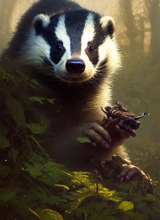 Image similar to highly detailed portrait of a cute badger, unreal engine, fantasy art by greg rutkowski, loish, rhads, ferdinand knab, makoto shinkai and lois van baarle, ilya kuvshinov, rossdraws, tom bagshaw, alphonse mucha, global illumination, radiant light, detailed and intricate environment