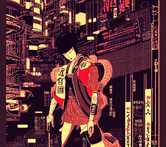 Image similar to futuristic japanese cyberpunk silk screen by utagawa yoshiiku, ohara koson, pixiv contest winner, cyberpunk style, cyberpunk color scheme, mechanical, robotic, human machine interface, high resolution, hd, 4 k