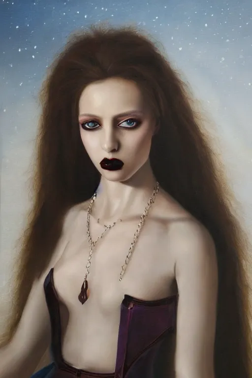 Image similar to hyperrealism oil painting, close - up portrait of european medieval brunette vampire fashion model, knight, steel gradient mixed with nebula sky, in style of baroque