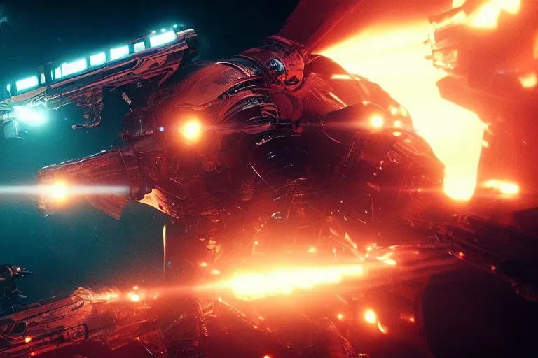 Image similar to VFX movie of a futuristic inhuman alien spacemarines in future spaceship, firing gun at space pirates detailed creature skin neon lighting by Emmanuel Lubezki