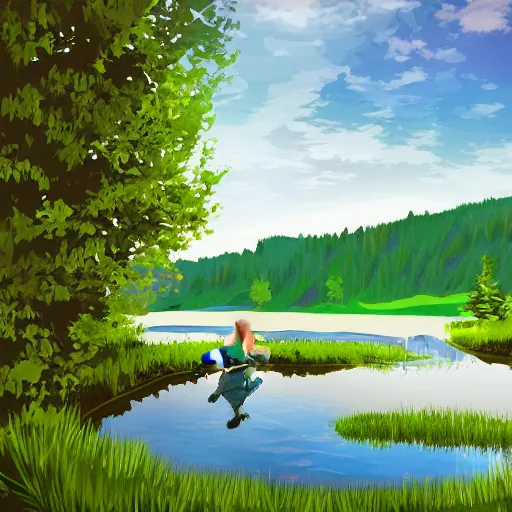 Prompt: prompt Young woman, sitting at a pond, mountainous area, trees in the background, digital art