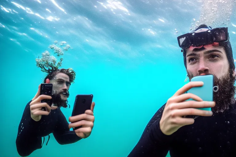 Prompt: high quality 4 k resolution photo of poseidon taking a selfie of himself underwater look king confused