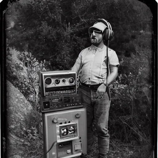 Prompt: tintype photography of a gold miner at the Yuba river with headphones and a weird vintage machine that makes electronic music