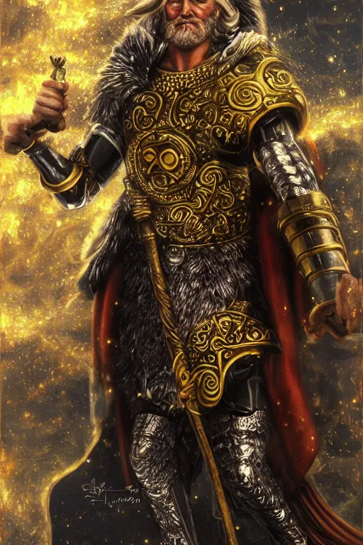 Prompt: mythological odin all father supreme God of thunder and smithing and artificial intelligence creating an artificial neural network with gold synapses on an anvil with his mighty hammer, high resolution, award winning art, trending on art station, sharp image, incredibly detailed, detailed character, realistic painting, hyperrealistic painting