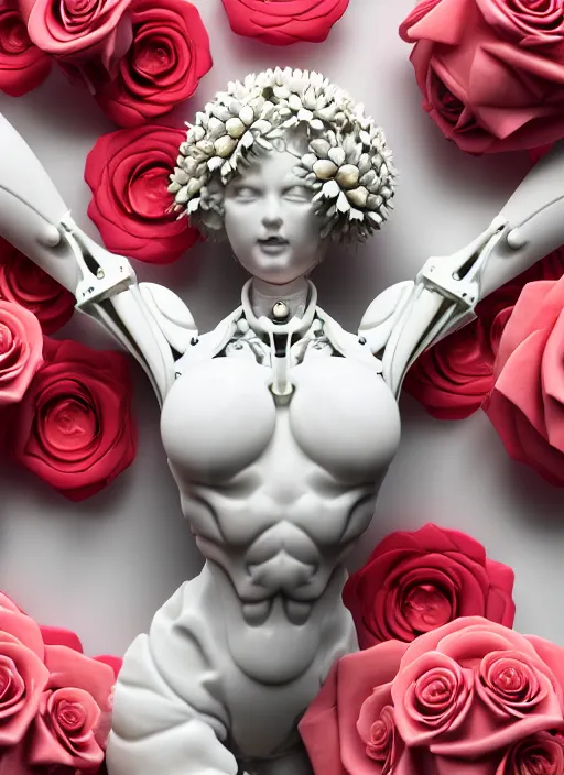 Prompt: biomechanical white marble statue made of corals, daisies, roses, well contoured smooth fair walls spraying perfume bottle, up close shot, sharp focus, global illumination, radiant light, alexandre ferra white mecha, irakli nadar, octane highly render, 4 k, ultra hd,