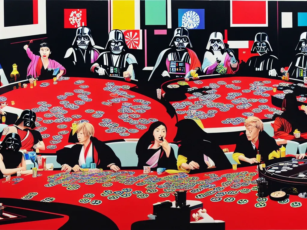 Prompt: hyper - realistic composition of a room with an extremely detailed poker table, woman in traditional japanese kimono standing nearby, darth vader sitting at the table, fireworks in the background, pop art style, jackie tsai style, andy warhol style, acrylic on canvas