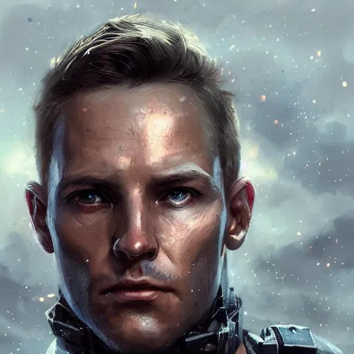 Prompt: Portrait of a man by Greg Rutkowski, he is about 40 years old, short copper hair, attractive, military composure, younger brother vibes, expression of sorrow and disbelief, he is wearing futuristic tactical gear, highly detailed portrait, digital painting, artstation, concept art, smooth, sharp foccus ilustration, Artstation HQ.