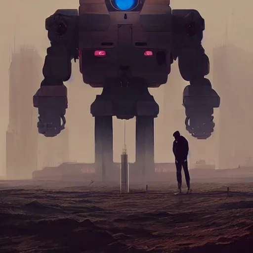 Image similar to a man standing next to a giant robot, concept art by beeple, martin deschambault, cgsociety, sots art, dystopian art, sci - fi, concept art