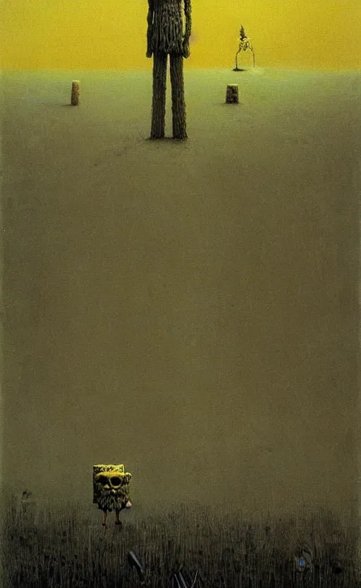 Image similar to spongebob squarepants in style of zdzisław beksinski, standing in wasteland, horror art, creepy, desolate