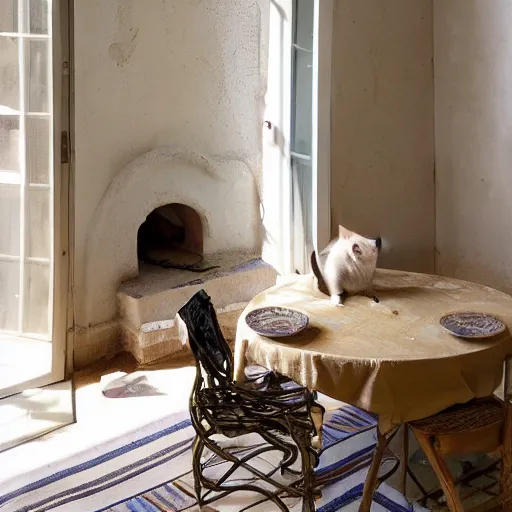 Image similar to Photo of very very very very filled provence interior room with cat sitting on the table in the center of room, photorealism,